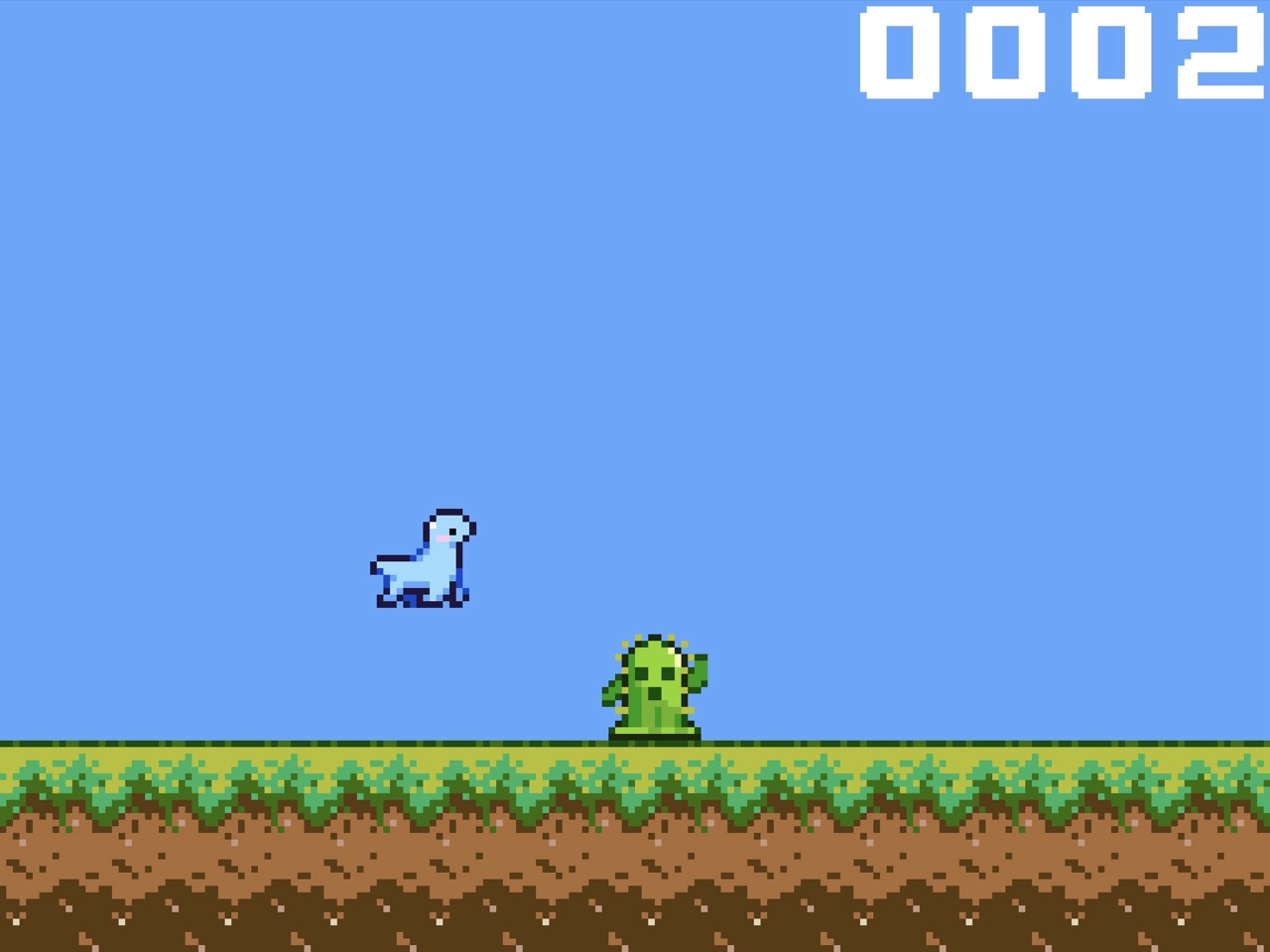 恐竜がジャンプしてサボテンを避けるゲームの画面