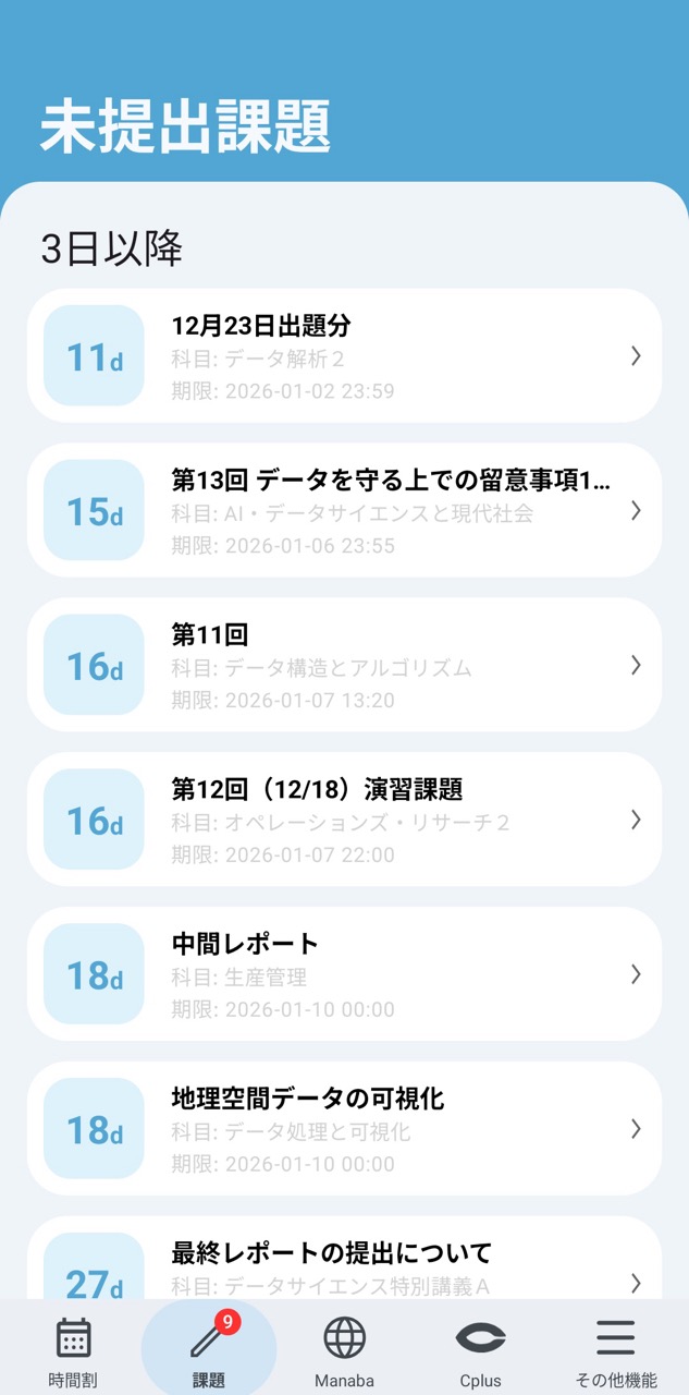 未提出課題画面